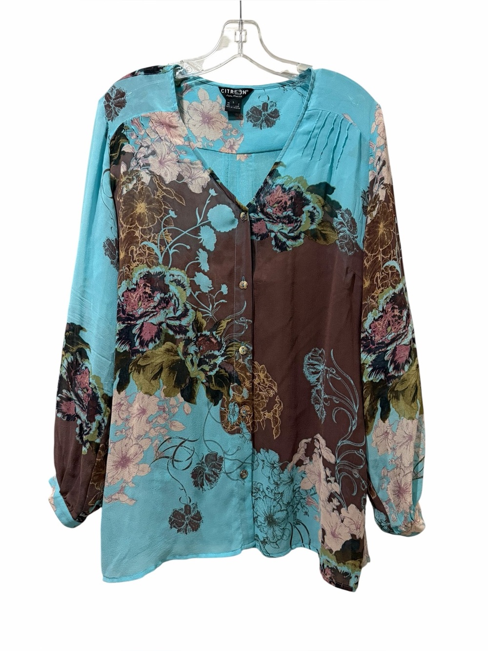 Citron Large 100% Silk Floral Long Sleeve Button Down Blouse Top B14